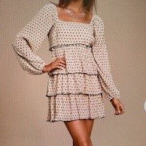 Lulu's - Confession of Love Beige Polka Dot Ruffled Long Sleeve Dress - Size Med